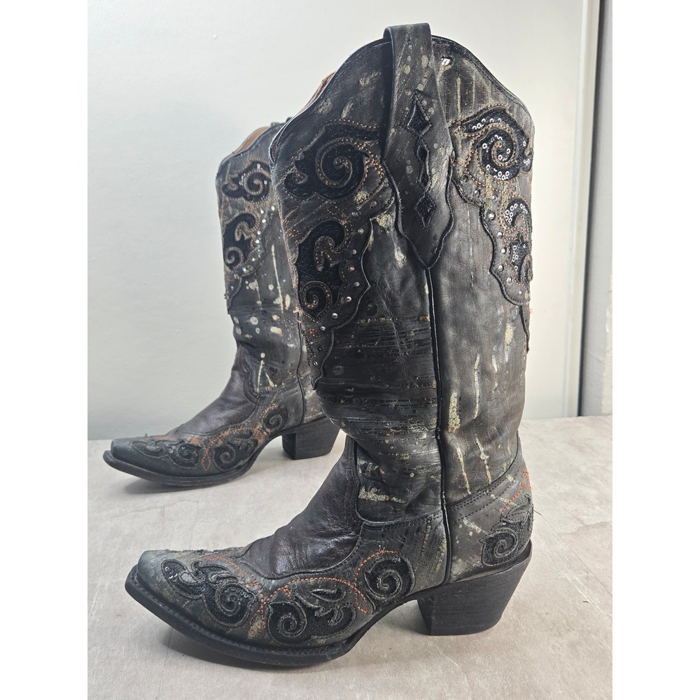 Corral Western Knee High Boot 8 Black Leather Distressed Sequin Snip Toe Cowgirl